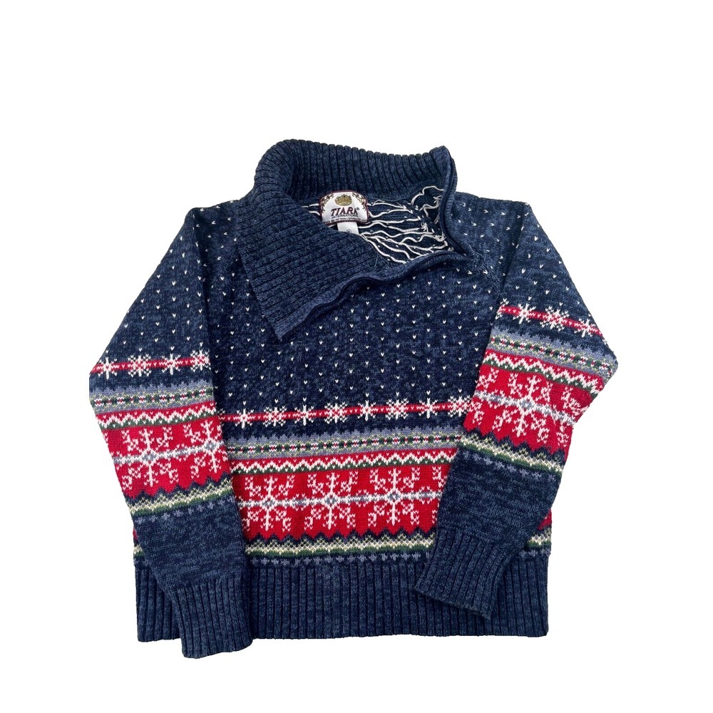 Tiara International Sweater Women Medium Blue Fair Isle Asymmetrical Quarter Zip